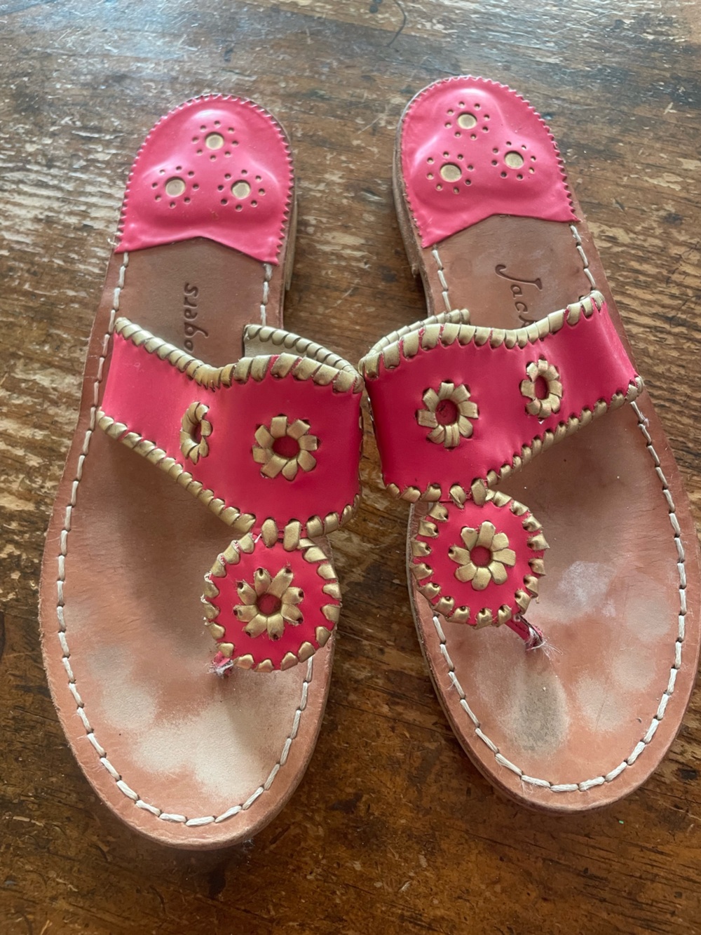 Jack Rogers Hot Pink Leather Sandals with Gold Whipstitch